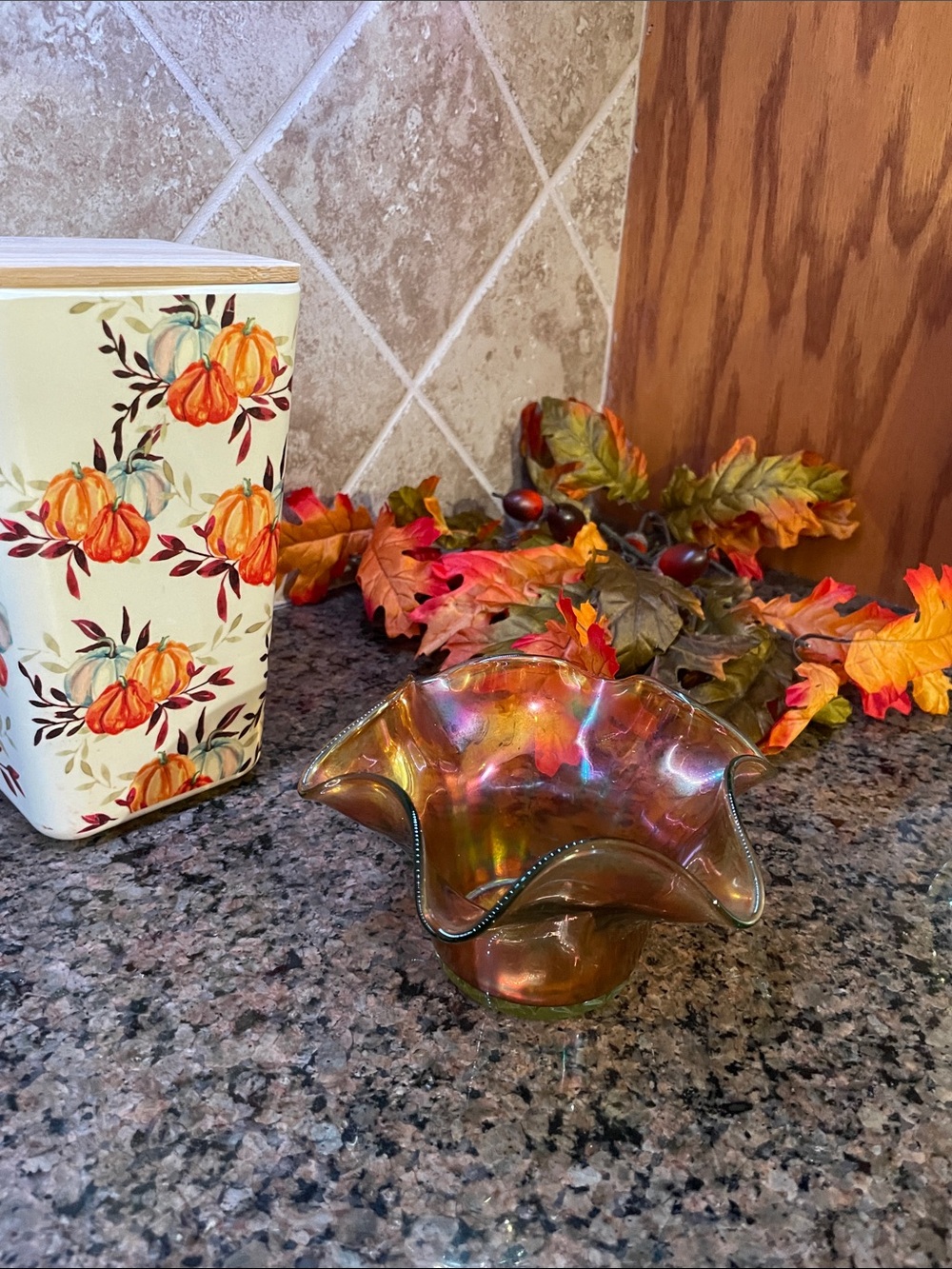 Iridescent Ruffled Glass Bowl - Amber